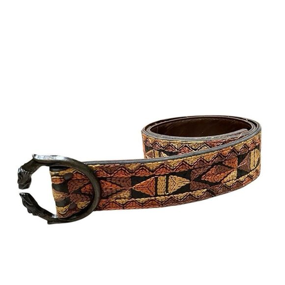 Bechelli Metal Wolf Heads Buckle Southwest Embroidered Hippie Belt 60s Boho Med - Picture 3 of 13